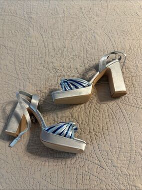 Metallic Silver Platform Sandals with Blue Striped Straps
